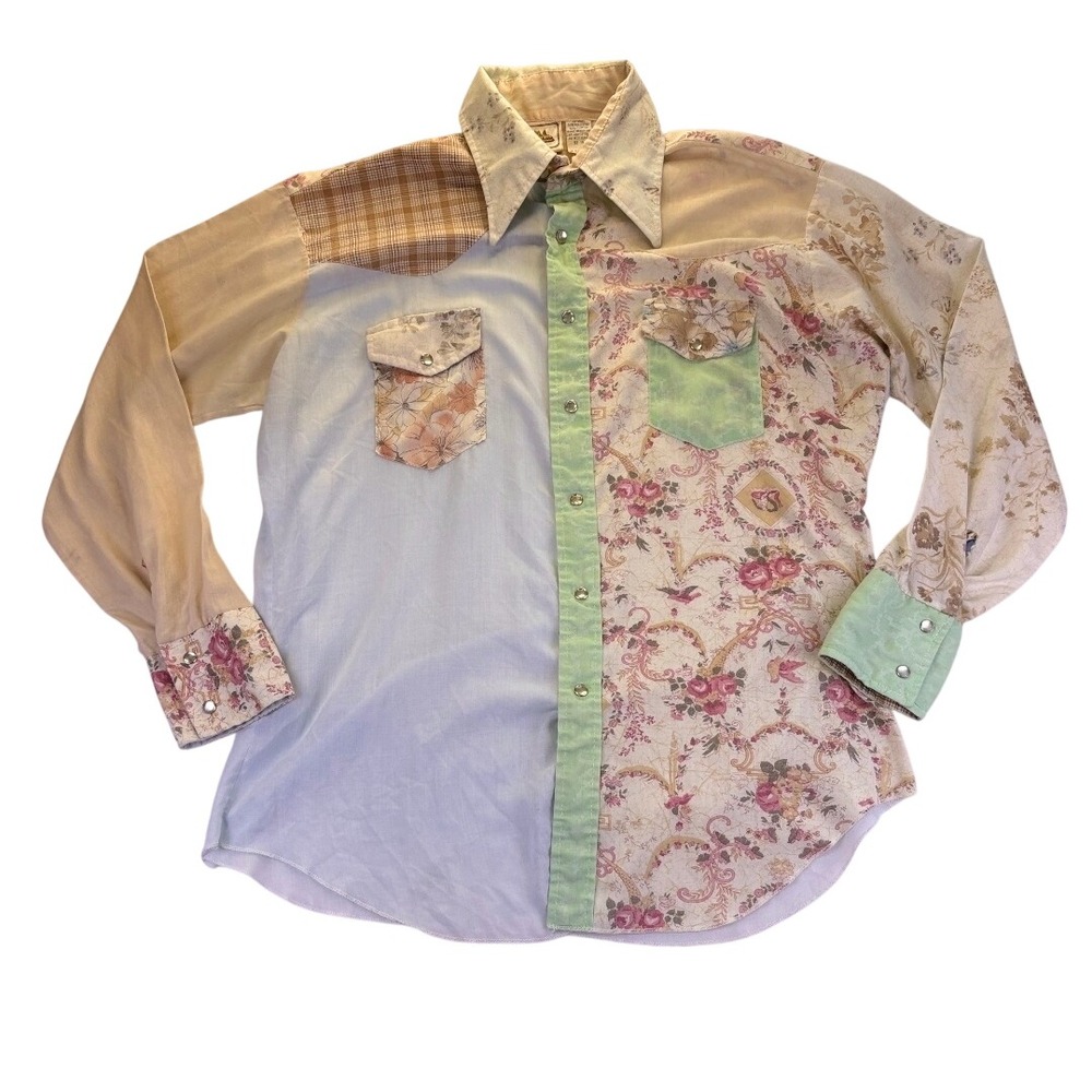 Vintage 1970s Larry Mahan Rodeo Western Patchwork Pearl Snap Shirt Mens XL Retro